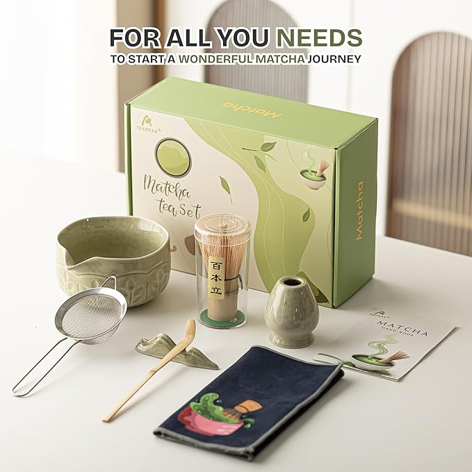 Matcha Whisk Set, 7 PCS Matcha Kit with Matcha Bowl with Spout, Bamboo Matcha Whisk and Scoop, Matcha Accessories & Sifter – Complete Matcha Set for Tea Lovers, Matcha Gift Set (Green)