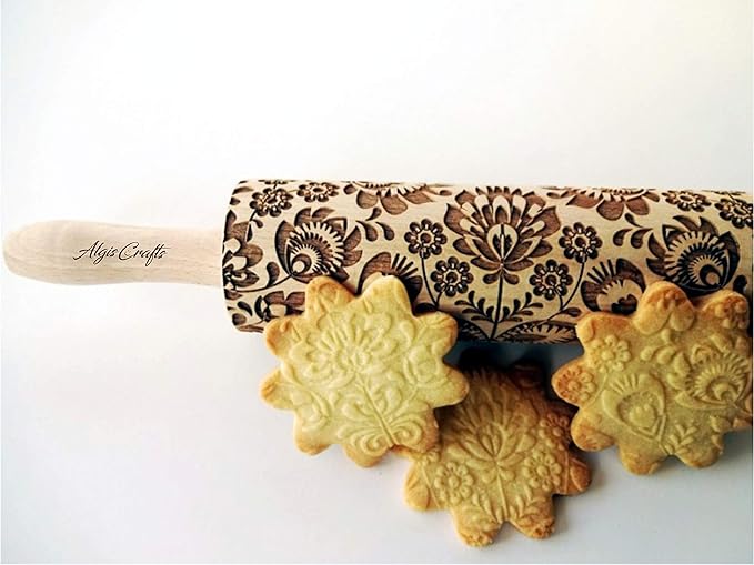 Rolling pin FOLK. Wooden embossing rolling pin with Oriental flowers. Embossed cookies. Pottery. Birthday gift. Gift for mother