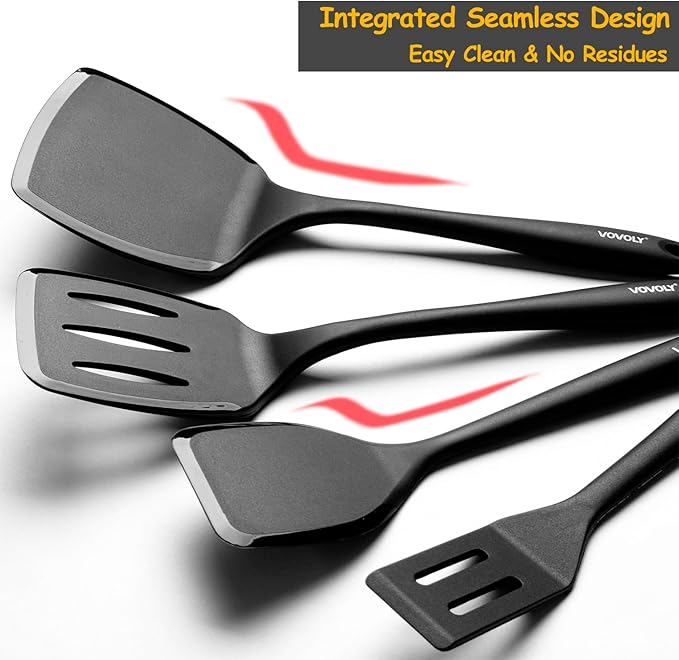 Silicone Spatula Set, 600°F Heat Resistant Silicone Spatula Turner Flipper for Cooking, Non Stick and Non Scratch Kitchen Utensils for Eggs & Pancakes, 4 Pack, Black