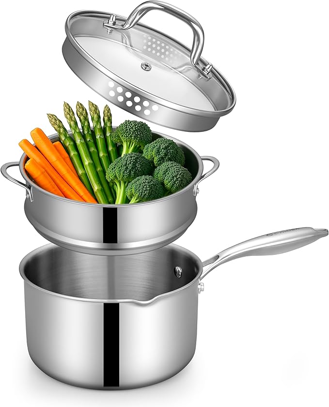 Tri-Ply Stainless Steel Sauce Pan with Steamer Basket & Strainer Glass Lid–Multi- Function Pot 2 QT- Modern Sleek Design–Safe,Chemical-Free & Stylish Cookware–Upgrade Your Kitchen with Healthy Cooking