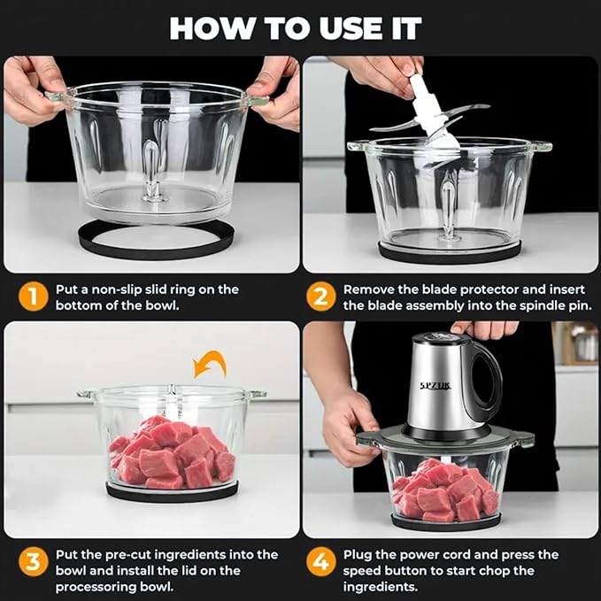 3-Speed Electric Food Processor: Meat Grinder, Vegetable Chopper & Baby Food Maker - 300W, 2 Bowls (8 Cup Stainless Steel+8 Cup Glass), Quiet Operation