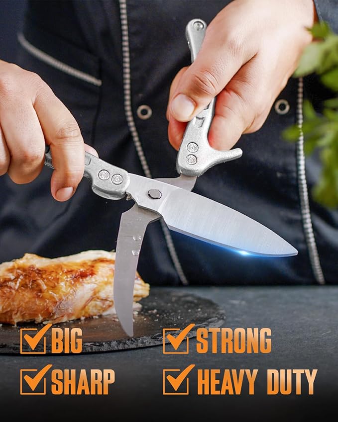 Poultry Shears Heavy Duty Professional, Kitchen Shears for Food, Kitchen Scissors Heavy Duty, Food & Meat Scissors, Dishwasher Safe Chicken Cutters. Spring Loaded, Silver