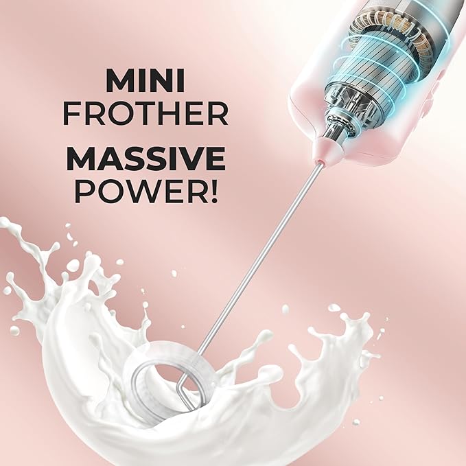 Mini & Mighty Milk Frother Wand – Powerful Handheld Coffee Frother, Battery Operated Drink Mixer – Compact Pocket Size – Detachable Whisk for Latte, Cappuccino, Matcha, Hot Chocolate – Pink Salt