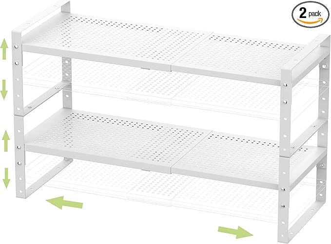 Expandable Stackable Aadjustable Shoe Rack Pantry Shelf for Kitchen Cabinets Counter Shelves Countertop Cupboard Storage Solution,Sturdy Heavy-Duty Metal Construction(2Packs/White/Large)