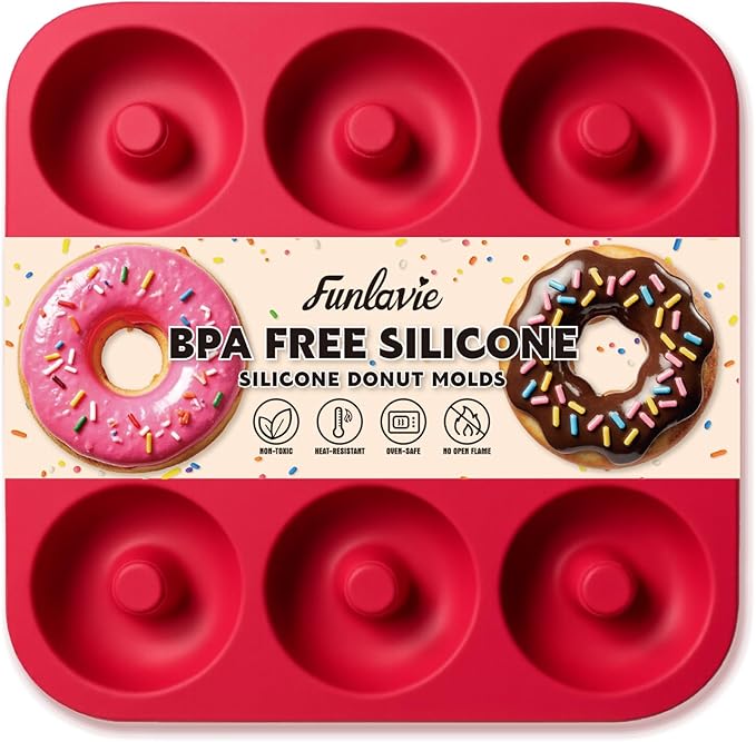 Large Silicone Donut Pan for Baking, 9 Cavity Non-Stick Food Grade Silicone Donut Molds, Doughnut Pan and Bagel Pans for Baking & Kitchen, BPA Free 11.2 x 11.1 Inches, Dishwasher Safe - Bright Red