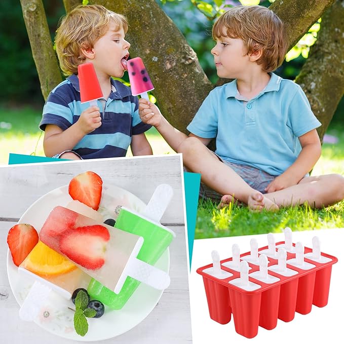 Popsicle Molds,Silicone Ice Pop Molds,BPA Free Popsicle Mold Reusable Easy Release Ice Pop Maker,Homemade Popsicle Mould with Silicone Funnel and Cleaning Brush (Red, 10 Cavities)