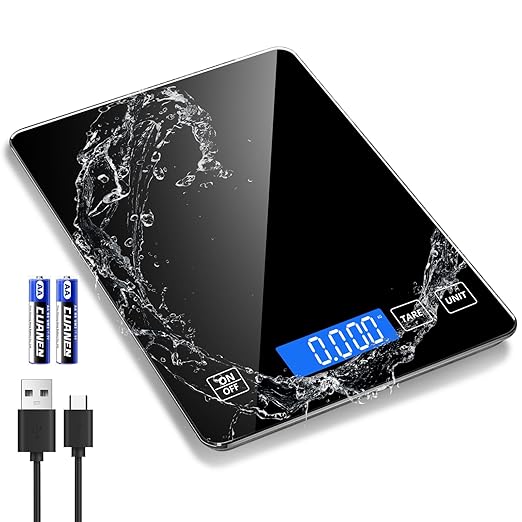 Food Scale, Digital Kitchen Scale 33lb/15kg Steel and Tempered Glass with 1g/0.1oz Precision, Tare & 5 Units, Type-C Rechargeable, LCD Display for Baking, Cooking, Meal Prep, Coffee, Postage Black