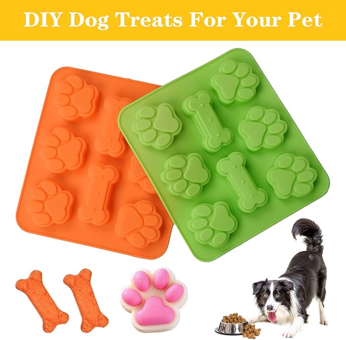 2 Pack Puppy Dog Paw and Bone Shaped 2 in 1 Silicone Molds, Reusable Non-Stick Ice Cube Trays & Candy Chocolate Molds for Homemade Dog Treats, Pudding & Baking Biscuit (Green Orange)