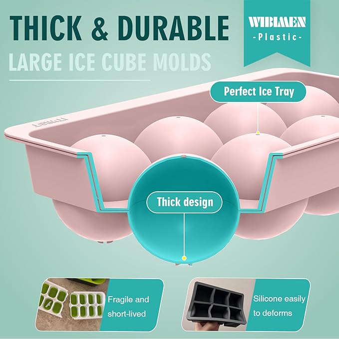WIBIMEN Large Ice Cube Molds, Big Round Whiskey Ice Cube Trays for Freezer, Easy to Fill & Release, Whiskey Bourbon Cocktail(2.5In*8 Balls- Pink/2 Pack)