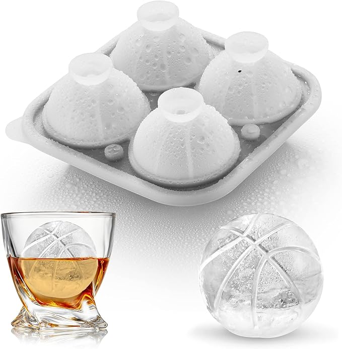 Silicone Basketball Ice Cube Mold Fun Shapes, Novelty Basketball Gifts, 2.2" Large Craft Round Sphere Ice Ball Molds For Game Day, Whiskey, Cocktails, Bourbon Black