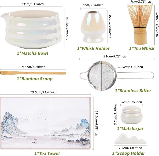 8Pcs Matcha Whisk Set, Iridescence Matcha Making Tools Accessories Kit with Bamboo Matcha Whisk,Bowl,Spoon,Sifter and Holder, Gifts for Matcha Lovers on Christmas, Birthday, Teacher's Day