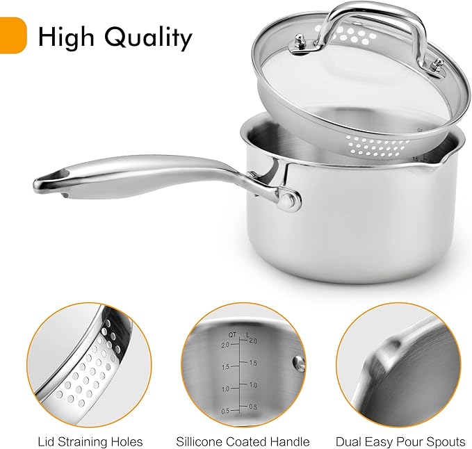 Stainless Steel Saucepan with Tempered Glass Lid, 2.5 Quart Multipurpose Cooking Pot, Sauce Pot for Easy Pour with Ergonomic Handle