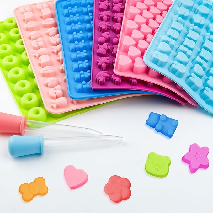 6 Pcs Gummy Bear Molds Silicone, Non-Stick Chocolate Candy Gummy Mold, Animal desserts Gummy Molds With 6 Droppers Clean Brush Storage Box, Including Love Bear Rabbit Mini Donut Fruit Animals Shaped