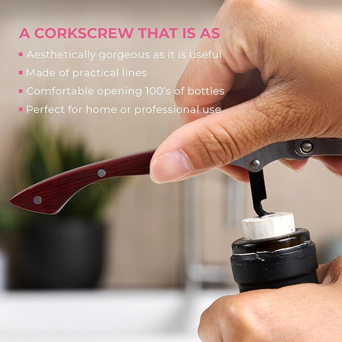 Pocket Prestige Waiters Corkscrew By Coutale Sommelier - Rosewood - French Patented Spring-Loaded Double Lever Wine Bottle Opener for Bartenders and Gifts - Sharp Micro-Serrated Knife