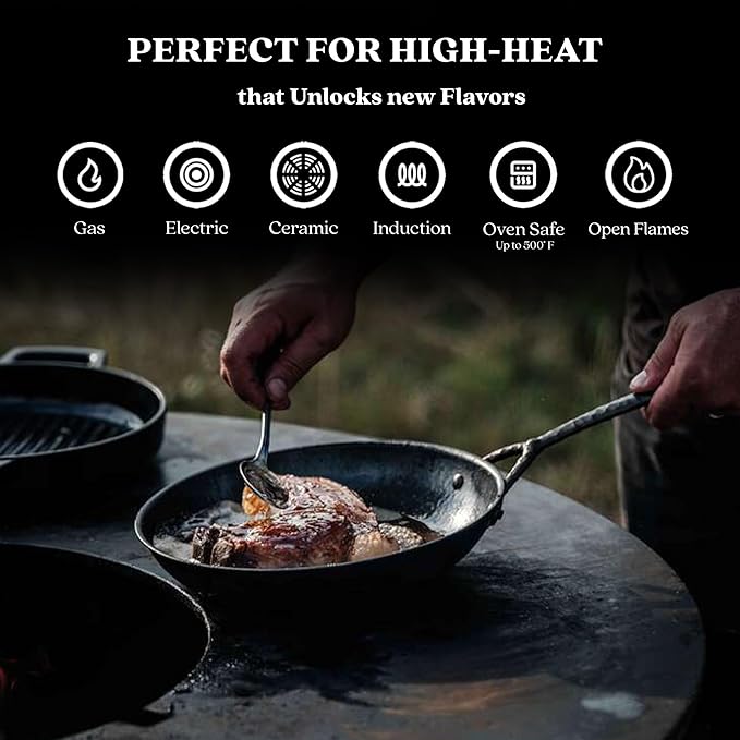 Alva 11” Carbon Steel Frying Pan – Naturally Nonstick, Made without PTFE, PFOA, & PFAS, Oven & Induction Safe, Chef-Grade Heat Control, Built to Last a Lifetime