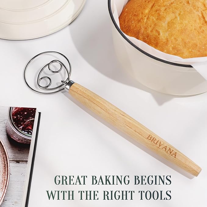 13-Inch Danish Dough Whisk, Wooden Handle with Stainless Steel Double Loop Dough Hook, Dough Whisk for Sourdough, Pizza, Cake Batter