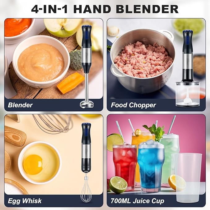 Immersion Blender, 4 in 1 Hand Bender Max 1000W, 5 Speeds & Turbo with Copper Motor Stainless Steel Blade, Handheld Blender Stick Mixer with Egg Whisk, 700ml Beaker & 500ml Chopper Bowl