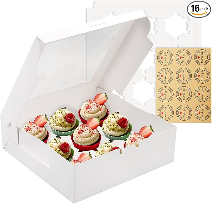 16 Sets of 9-Count White Cupcake Boxes with Window and Insert, 9x9x3 Inch, Suitable for Cupcakes, Muffins, and Cookies