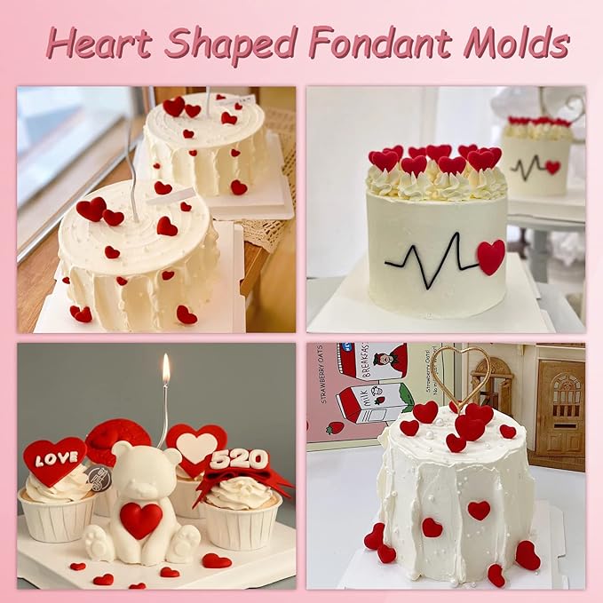 2 Pcs Heart Fondant Molds, Heart Shaped Lollipop Kitchen Baking Silicone Molds for Valentine's Day Cake Decorating, Candy Chocolate, Cookies, Marzipan, Clay, Epoxy, Butter, jelly