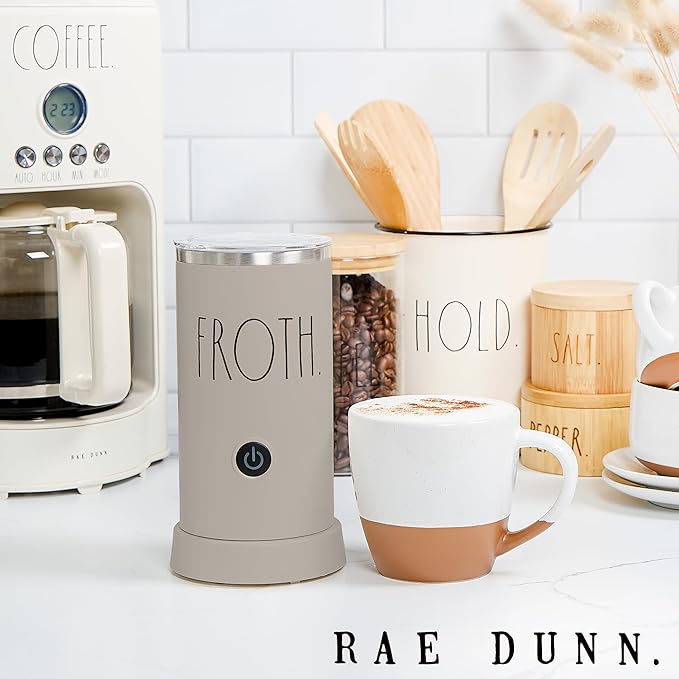 Rae Dunn Electric Milk Frother Steamer -Stylish Automatic Milk Steamer and Frother, Milk Warmer, Hot and Cold Foam Maker for Coffee, Latte, Cappuccino, Macchiato - 550 Watt (Sand)