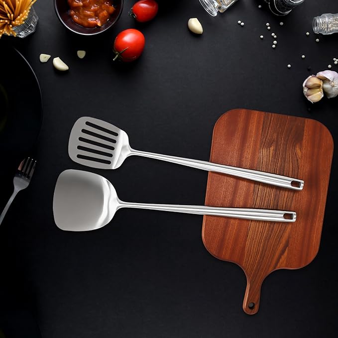18/10 Stainless Steel Cooking Utensils,2 Pcs All Metal Stainless Steel Kitchen Utensils Set with Wok Spatula,Slotted Spatula Turner(Dishwasher Safe)