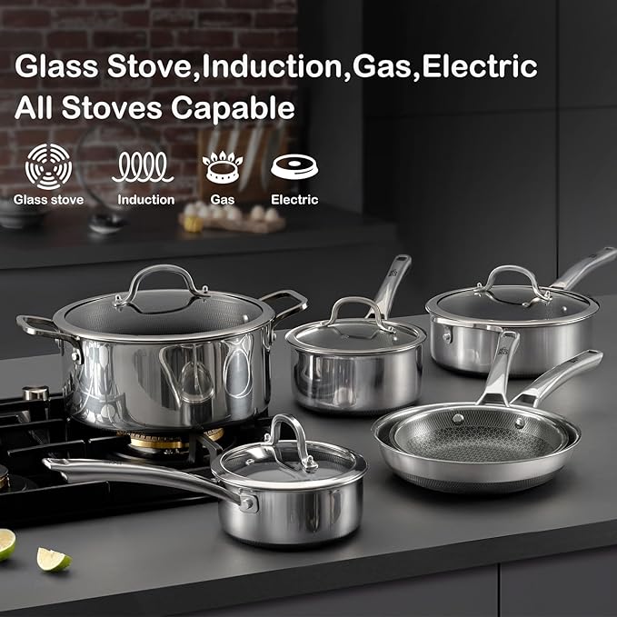 Sauce pan with lid,1.5 Quart & 2.5 Quart Hybrid Nonstick Sauce pans set, Stainless Steel cookware,non stick Pots PFOA Free,Works on Induction,Ceramic and Gas Cooktops