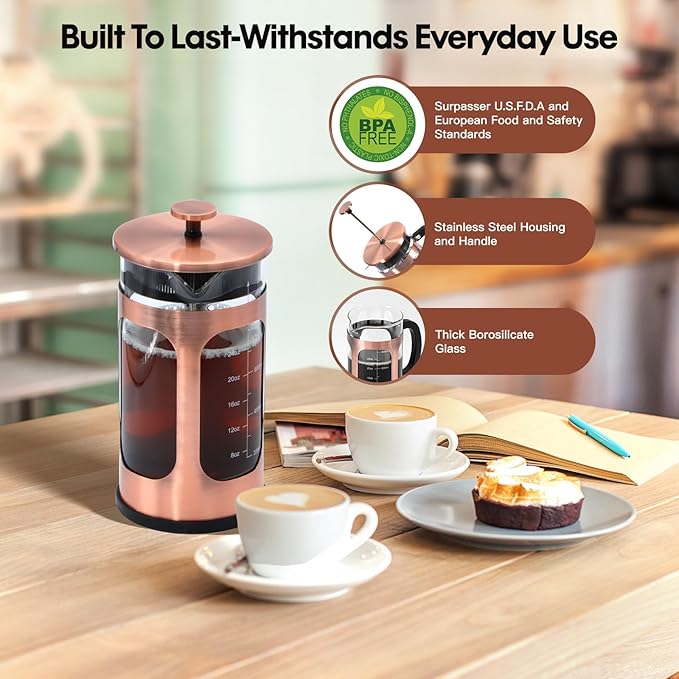 Panana French Press Coffee Maker 34oz Coffee Press, Cold Brew Coffee Tea Pot for Travel, Heat Resistant Thickness Borosilicate Glass French Press (230C-Copper)