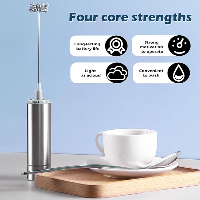 Electric Powerful Milk Frother, Stainless steel tube, Handheld Drink Mixer, Battery Operated Hand Frother Stirrer Wand-Rich Foam Maker for Coffee, Lattes, Cappuccino, Matcha,Chocolate & Creamer