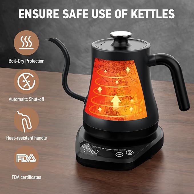 Gooseneck Electric Kettle with ±1℉ Temperature Control, KOIOS 1200W Quick Heating Gooseneck Kettle for Pour Over Coffee & Tea, 2 hours Temp Hold, Auto Shut-Off & Boil-Dry Protection, Matte Black