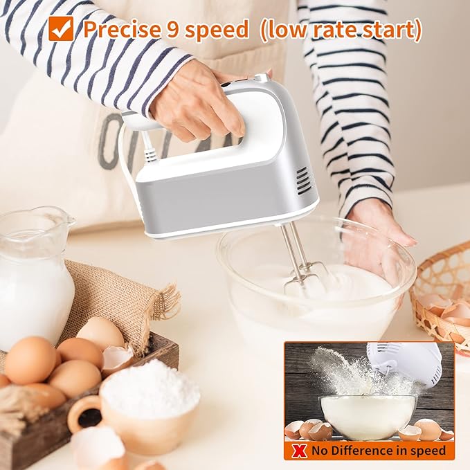 9-Speed Digital Hand Mixer Electric, 400W Powerful DC Motor, Baking Mixer Handheld with Snap-On Storage Case, 5 Stainless Steel Accessories, Flat Beaters, Dough Hooks, Whisk (Silvery & White)