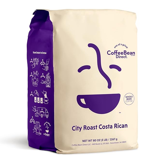 Coffee Bean Direct City Roast Costa Rican, Whole Bean Coffee, Medium Roast, 5 Pound Bag (Pack of 1)