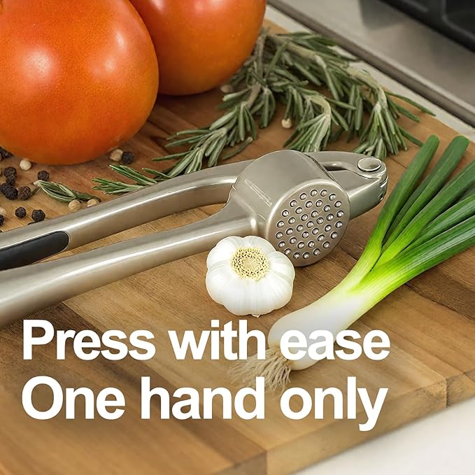Garlic Press Set - Professional Stainless Steel Garlic Mincer with Silicone Peeler and Cleaning Brush, Rustproof Dishwasher Safe Kitchen Tool