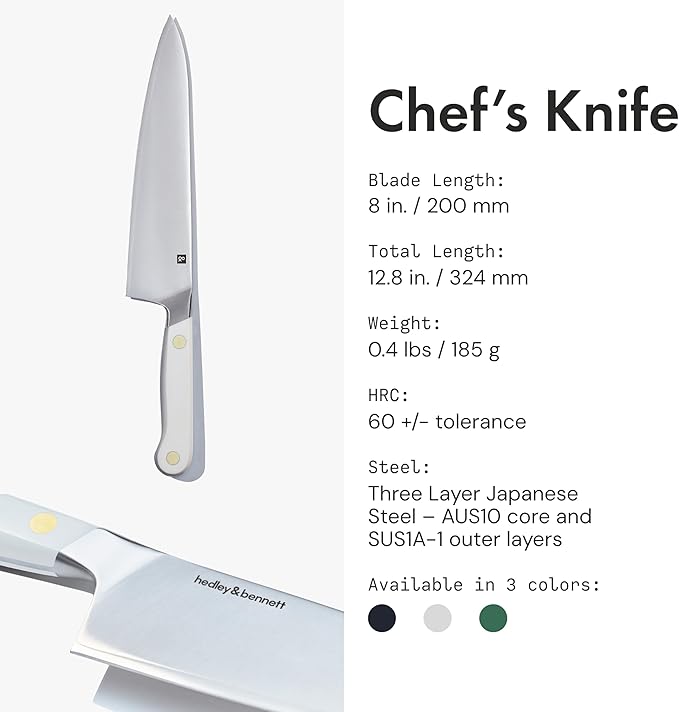 hedley & bennett Professional Chef Knife - Sharp 8 inch Japanese Kitchen Blade - Three-Layer Steel for Cutting Meat and Vegetables - Ergonomic Handle - Cooking Gift - Enoki (White)