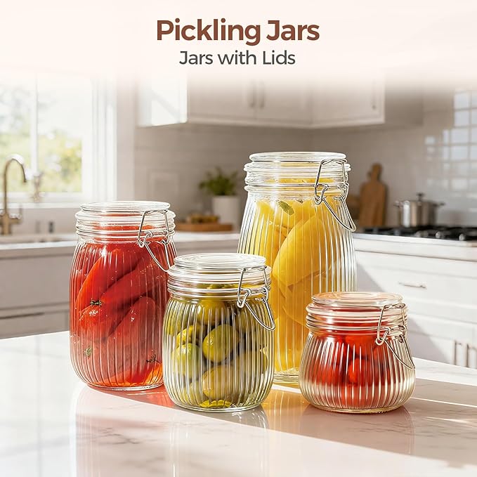 ComSaf Airtight Glass jar with lid 37oz Set of 3, Glass Storage Containers with Lids, Glass Canisters, Striped Clip Fastening Jar for Kitchen Canning, Tea, Pasta, Sugar, Beans, Cookie, Jam, Oat