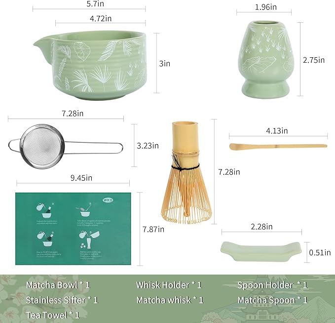 Matcha Bowl and Whisk Set, Ceramic Matcha Set Includes Matcha Bowl with Spout, Whisk & Holder, Bamboo Scoop, Stainless Sifter, Towel, Matcha Kit Making Tools,Light Green,7 PCS