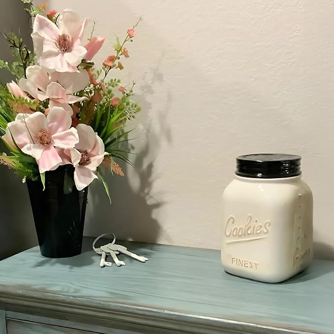 Young's Inc. Ceramic Cookie Jar - Cute Kitchen Counter Storage Canister with Lid - Perfect for Cookies, Coffee, Tea, Candy, Dog Treats, and More - Treat Yourself - White, Brown