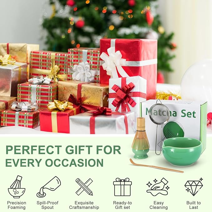 5Pcs Matcha Whisk Set, 18OZ Matcha Bowl With Thoughtful Spout, 100% Natural Bamboo Whisk, Ceramic Whisks Holder, 304 Stainless Sifter, Tea Scoop, Tea Spoon, Gift for Matcha Lovers Beginner