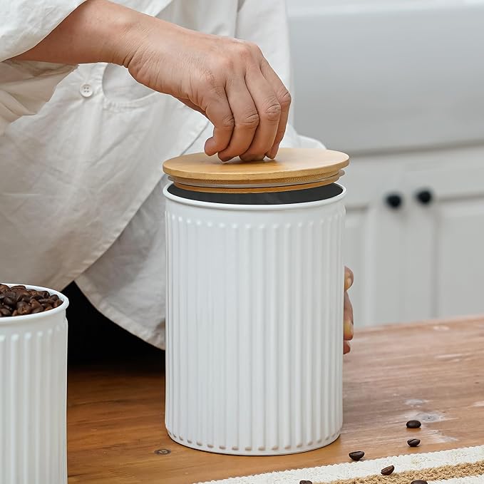 Kitchen Canister Set of 3 Tea Coffee Sugar Containers with Airtight Bamboo Lids Food Flour Storage for Countertop Metal White Vertical Stripe Pattern Embossed Farmhouse Decor