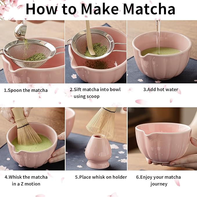 Matcha Whisk Set of 8 - HTRCXB Ceramic Matcha Set, Include Matcha Bowl, Matcha Whisk and Holder, Bamboo Scoop, Measuring Spoon, Scoop Rest, Sifter and Tea Towel - Matcha Kit Gift for Matcha Lovers