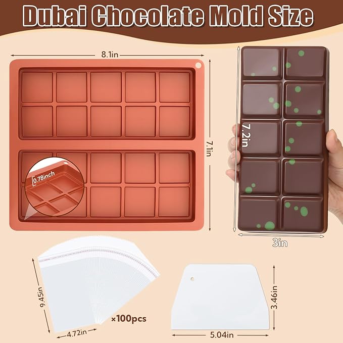 Chocolate Bar Molds Silicone 2-Pack, Large 8.1x7.1 Inch Deep Cavity with 100 Storage Bags & Scraper Tool Kit - Food-Grade BPA-Free for Thick Filled Homemade Candy, Energy Bars, Gifting