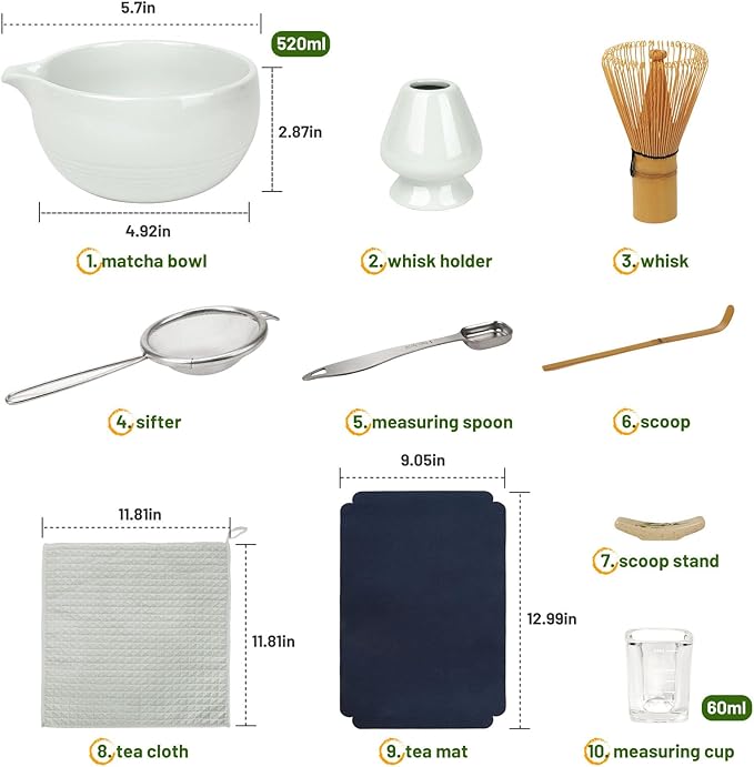 Matcha Tea Set 10-Pcs Kit, Whisk and Bowl with Spout & Measuring Spoon, Japanese Tea Making Tools, Grey