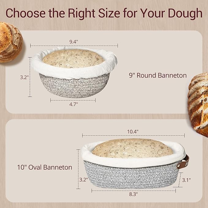 Sourdough Bread Baking Supplies - 9" Round & 10" Oval Banneton Bread Proofing Baskets with Washable Liners and Covers for Artisan Homemade Bread