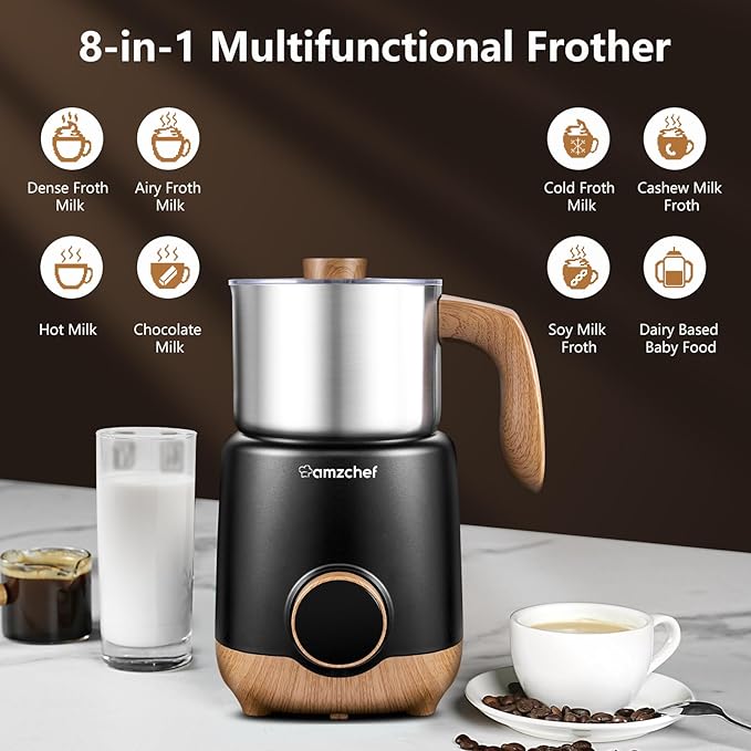 AMZCHEF 8-IN-1 Milk Frother and Steamer 21 oz, 550 Watts Split Stainless Steel Automatic Steamer, Milk's Warmer for Latte, Cappuccino, Hot Chocolate, Hot and Cold Froth, Heated Milk, Baby Food Silver