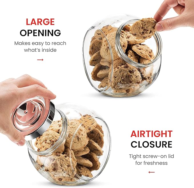 Bormioli Rocco Pandora Glass Candy Jar 75½-Ounce Cookie Jar (2 Pack) with Plastic Airtight Seal Lid 2-Way Display, Bulk-Food Storage Jar for Snacks, Dry Food, Jelly Beans Canister, Apothecary Jars.
