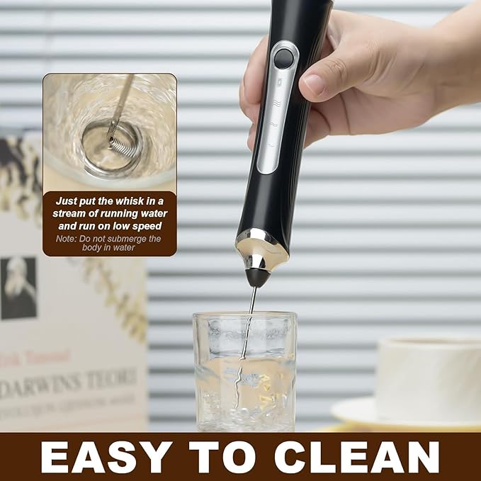 Handheld Electric Milk Frother with 2 Heads, Coffee Whisk Foam Mixer with USB Rechargeable 3 Speeds, Foam Maker Blender for Latte, Cappuccino, Hot Chocolate, Egg (Black with stand)
