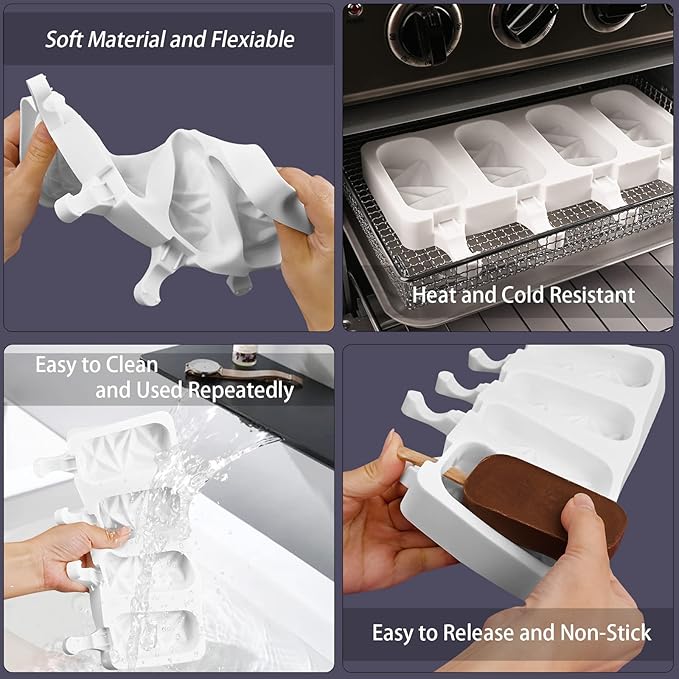 Sakolla 2 Pack Silicone Popsicle Molds, 4 Cavities Diamond Ice Cream Molds with 50 Wooden Sticks for Ice pop, Cake Pop, Cakesicles (White)