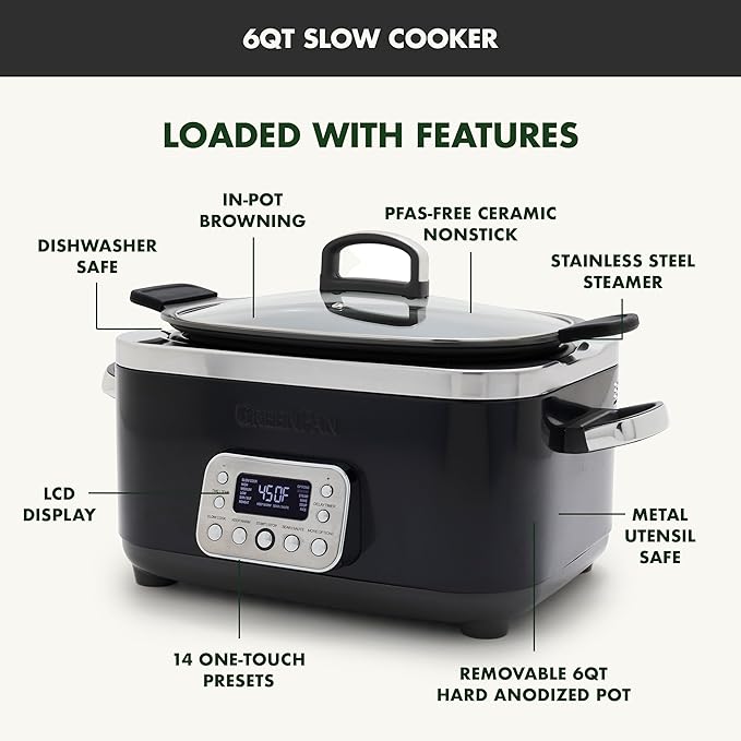 GreenPan Elite 14-in-1 Nonstick 6QT Electric Slow Cooker, PFAS-Free Ceramic Multi-Cooker, In-Pot Browning, Dishwasher Safe Lid & Removable Crock, Stainless Steel Steamer, Silicone Handles, Black