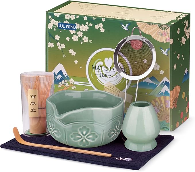 Matcha Whisk Set, Ceramic Matcha Set Includes Matcha Bowl with Spout, Matcha Whisk and Holder, Bamboo Scoop, Sifter and Tea Towel - 6 Pcs Matcha Kit Gift for Matcha Lovers Beginners (Green)