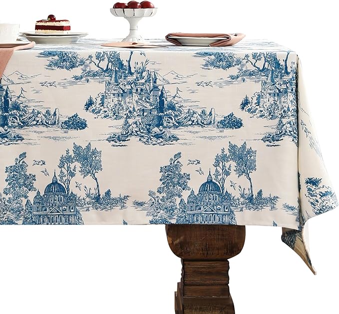 patdrea Designer Vintage Cyan Tablecloth for Rectangle Table,Linen Ancient Castle and Manor Pattern Tablecloths,Table Cover Decor for Kitchen Dining Christmas,Thanksgiving,55"x79"-Lucerne a