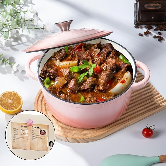 Enameled Cast Iron Dutch Oven Pot with Lid Heavy-Duty Cookware for Bread Baking, Braising, Stews, Roasting，7QT,pink